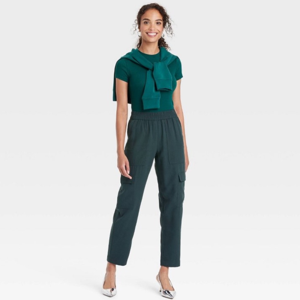 A New Day Dark Teal Green High-Rise Cargo Straight Leg Ankle Cropped Pants